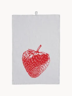 Online Frohstoff Torchon en lin sérigraphié à la main Strawberry Gris clair, rouge